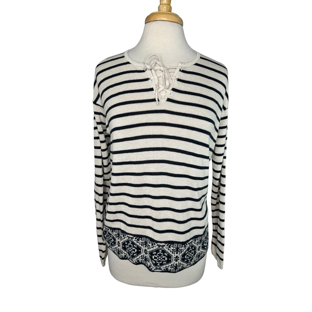 J.JILL Cream & Navy Blue Stripe Decorative Trim Knit Top Long Sleeve Size Small